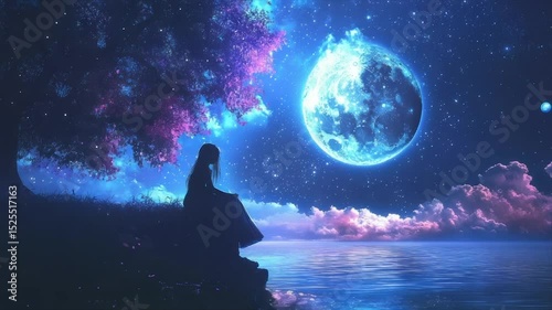 Girl sits by water under a magical moon