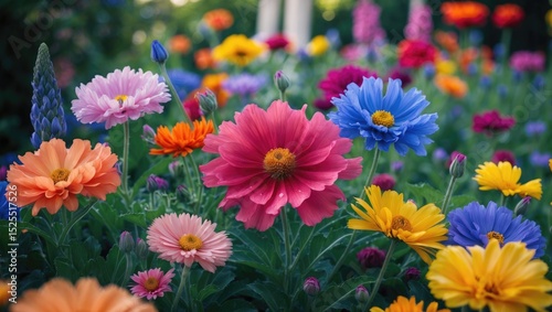 Colorful flowers in a garden with vibrant pink, purple, yellow, orange, and blue blooms. Bright and lively floral display.