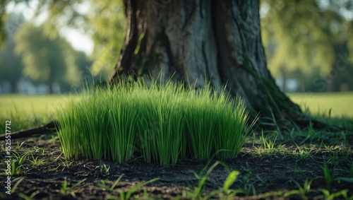A small patch of grass growing at the base of a large tree trunk in a park or forest.