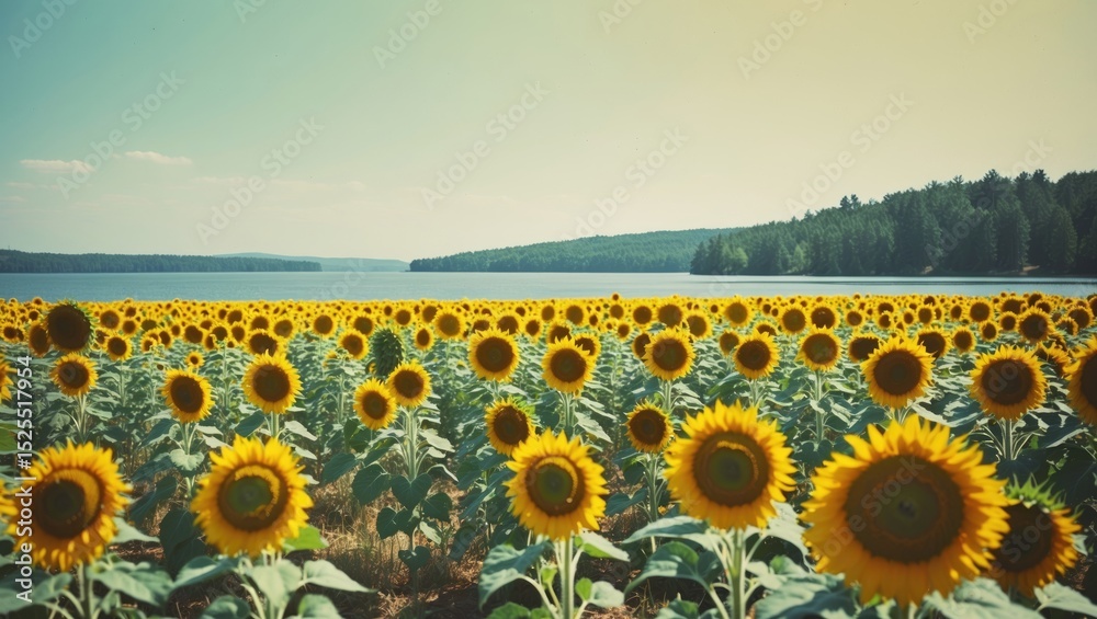 Obraz premium Vast sunflower field near a lake with trees in the background and clear sky.