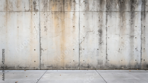 A concrete wall with a weathered texture and a gray concrete floor