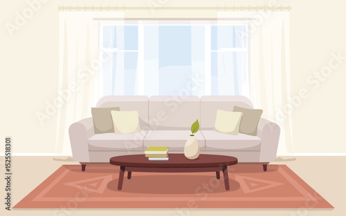 Cozy Living Room Interior Design Flat Vector Illustration of a Comfortable Sofa, Coffee Table, and Window