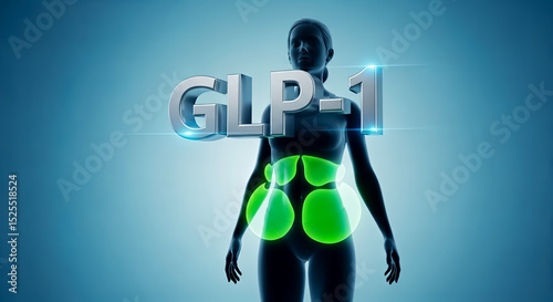 Illustration of human silhouette showcasing fat cells in green, with GLP-1 text glowing, emphasizing health and wellness concepts