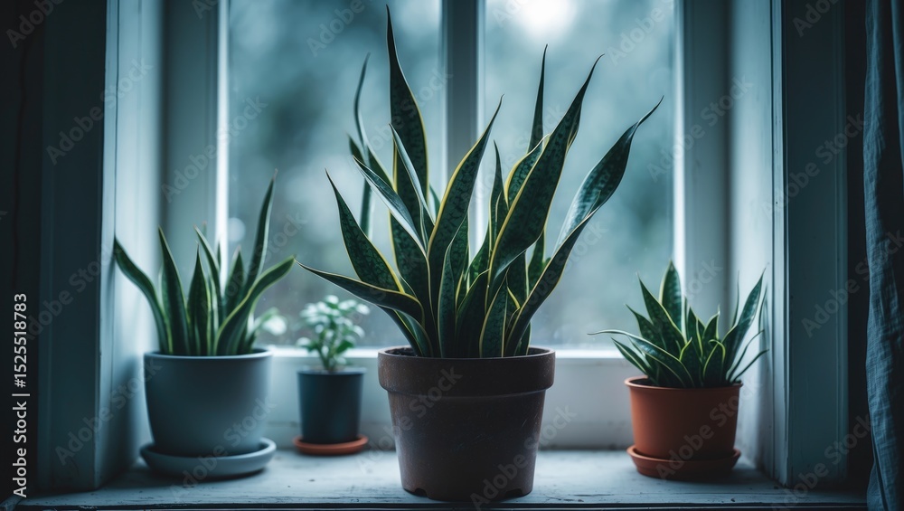 Fototapeta premium Three potted plants on a windowsill.