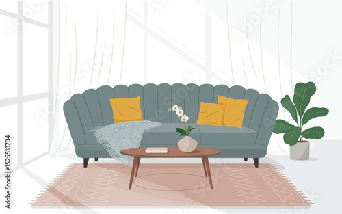 Serene Living Room Teal Scalloped Sofa, Minimalist Design, Vector Illustration
