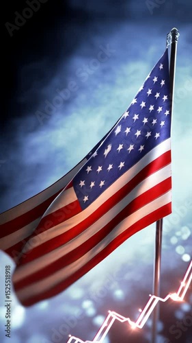 American Flag waves behind a brightly lit rising graph against a dark cloudy background; economic growth concept