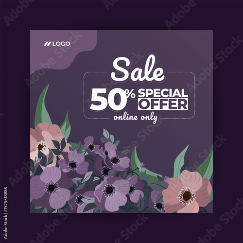 Elegant Floral Sale Banner with Pink Flowers, Soft Botanical Decoration, 50% Special Offer Text, and Modern Promotional Layout for Social Media Ads, Seasonal Marketing, and Online Shopping Designs