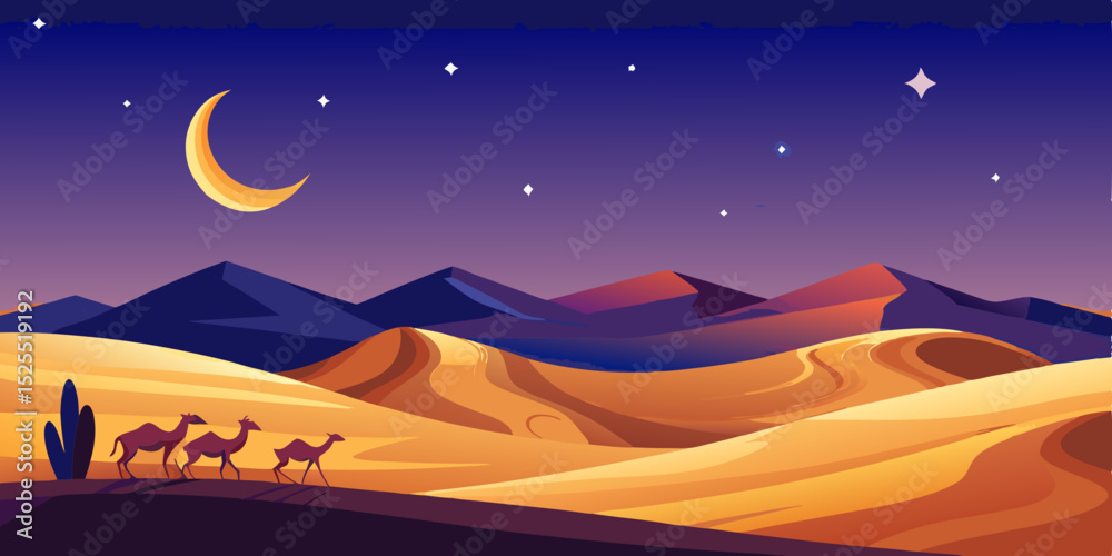 Obraz premium Desert night scene with camels, crescent moon, stars