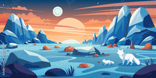 Arctic foxes at sunset, clean cutout, transparent background