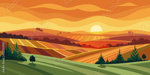 Autumnal sunset over rolling hills and fields