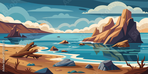 Serene coastal landscape with rocky cliffs and tranquil ocean