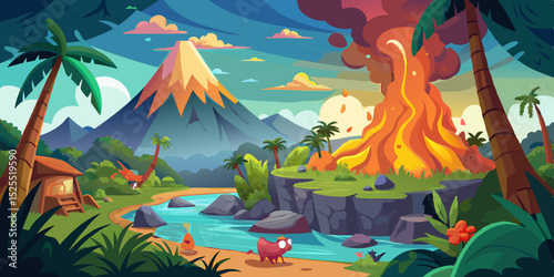 Tropical volcanic island paradise cartoon illustration
