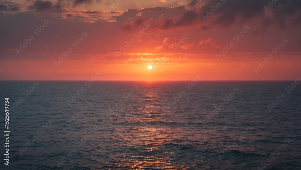 Obraz premium Sunset over the ocean with vibrant colors and calm waters.