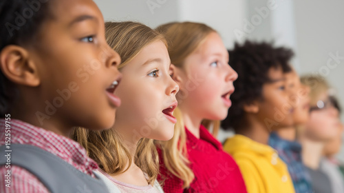 Group of children singing together in a school choir.
