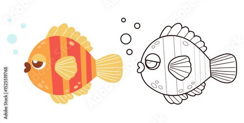 Cute Tropical Striped Fish set. Isolated Color and Outline Line drawing, coloring book. Vector illustration. Kids collection