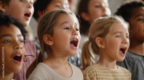 Group of children singing together in a school choir.
