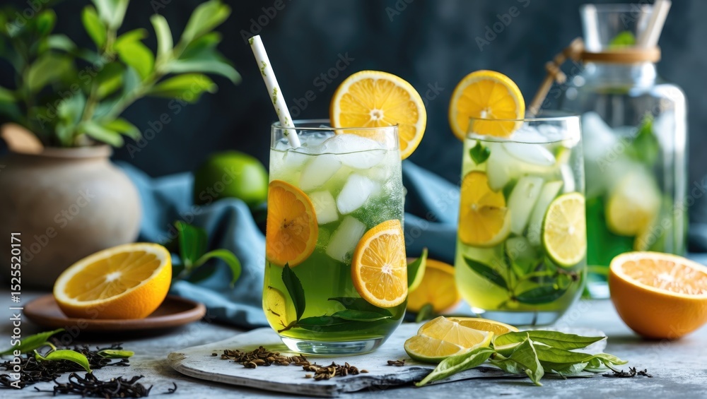 Fototapeta premium Fresh lemon and lime infused drinks with ice, served in glasses with straws, surrounded by citrus fruits and herbs. Refreshing beverages and natural ingredients.