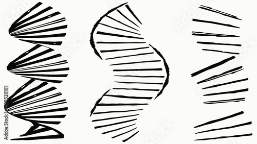 Three abstract black and white spiral structures with horizontal lines and curved shapes design