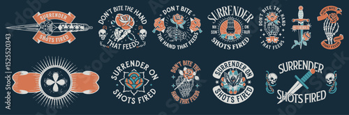 Vintage style vector patches and badges with hand-drawn illustrations and text, perfect for apparel, branding, and merchandise designs with a retro and edgy aesthetic
