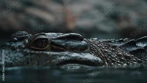 A dark alligator glides subtly through murky water its textured skin and focused gaze suggesting a predator in wait