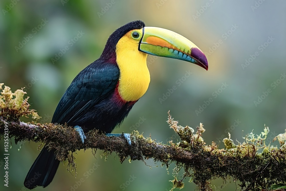Obraz premium Chestnut-mandibled toucan with its vibrant plumage and large colorful beak is perched on a mossy branch in a lush rainforest, showcasing the beauty of tropical wildlife