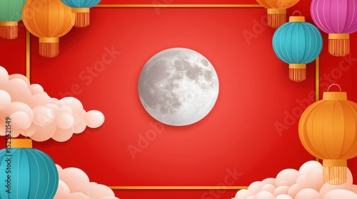 Celebrating the Oriental Moon Festival with Lanterns Red Backdrop Digital Graphic Festive Atmosphere