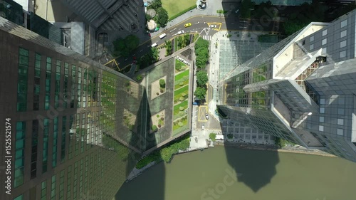 day time singapore city downtown modern office buildings famous square bay aerial topdown panorama 4k 