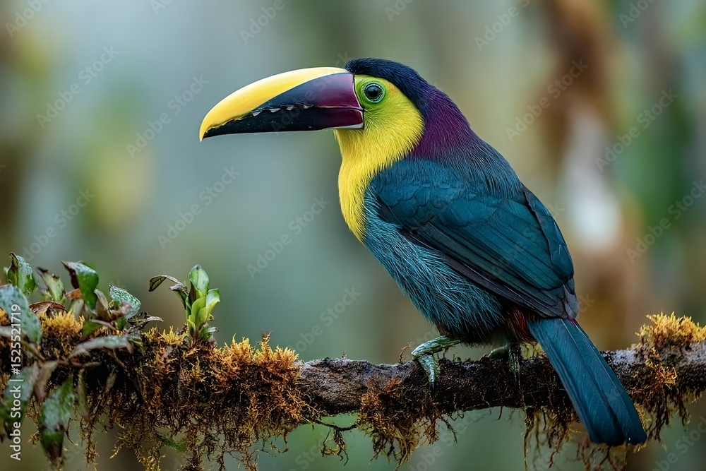 Obraz premium Vibrant crimson-rumped toucanet showcasing its colorful plumage while perched on a mossy branch in a lush rainforest, capturing the essence of tropical biodiversity