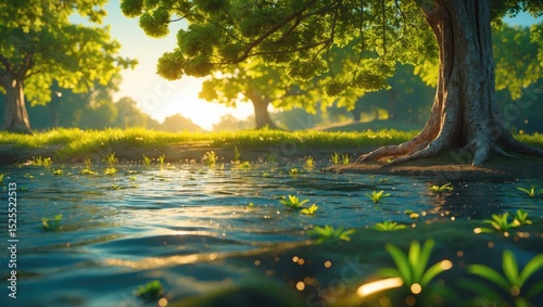 A peaceful natural landscape with large trees, green foliage, and a body of water reflecting sunlight, creating a serene outdoor scene. photo