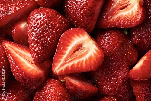 Fresh, juicy strawberries, some halved and some whole, are tightly packed together, filling the frame and creating a vibrant backdrop of luscious red hues