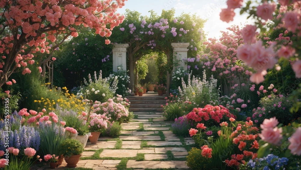 Naklejka premium A beautiful garden pathway surrounded by colorful blooming flowers and trees, leading to an archway with a sunny background.