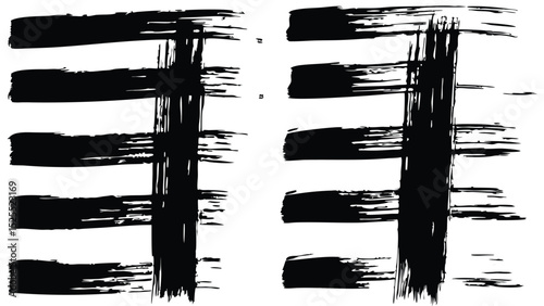 Black brush strokes forming horizontal lines crossed by vertical strokes on a white background design