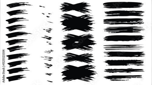 Collection of black ink brush strokes and cross shapes on a white background in various arrangements