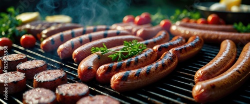 Barbecue of sausages and minced meat patties grilling on a barbecue grill. Cooking, grilling, meat, food. The concept of barbecuing and outdoor cooking.