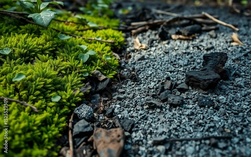 Wallpaper Mural Close-up of lush green forest floor half-burned by fire, showing detailed contrast of life and damage, soft daylight, high-resolution, no text, no people, no branding. Torontodigital.ca