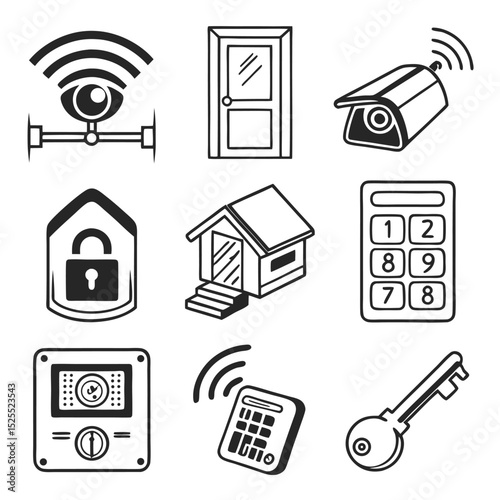 Home security and surveillance icons in a clean black and white outline style