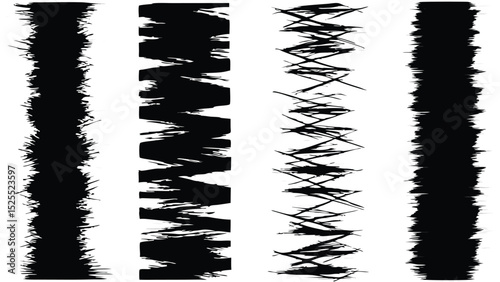 Four vertical black and white abstract brush stroke patterns with varying textures and densities shown here