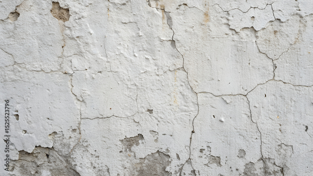 Fototapeta premium Cracked and peeling white plaster wall with a rough, grunge texture