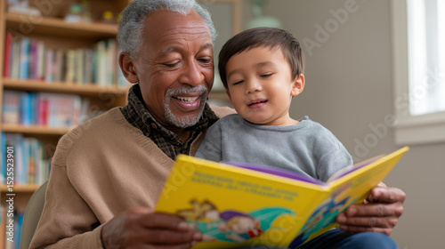 A grandfather and his young grandson enjoy reading a colorful storybook together at home, smiling and bonding in a cozy moment.
