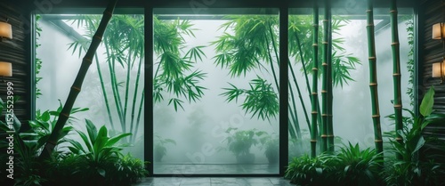A lush green indoor space with bamboo and tropical plants viewed through large glass windows, creating a tranquil and natural atmosphere. photo