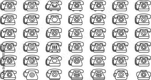 Array of classic vintage rotary telephones in a clean black and white style