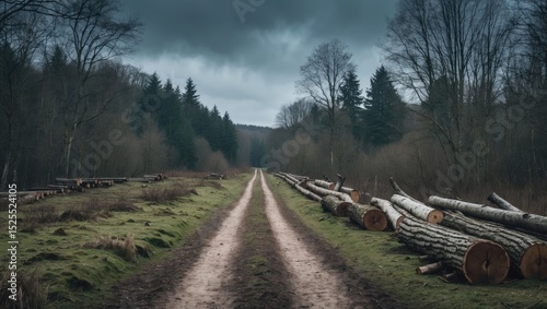 A forest path with cut logs lying on the sides under a cloudy sky. Nature and forestry scene during overcast weather. Woodlogging and environmental conservation. The landscape of forestry activities. photo
