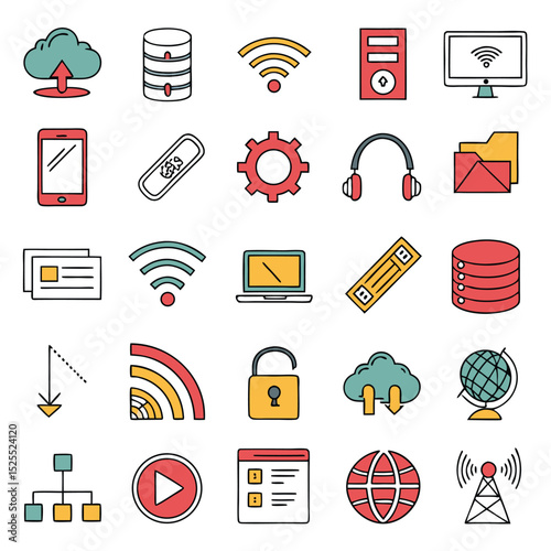 Set of colorful technology icons representing cloud data internet and network communications