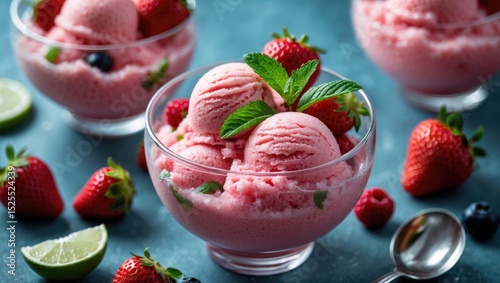 Refreshing strawberry ice cream in glass bowls with fresh strawberries, lime wedges, and mint leaves, served on a blue surface with a metallic spoon. photo