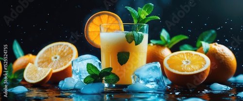 A refreshing citrus drink with lemon and orange slices, mint leaves, and ice cubes. photo