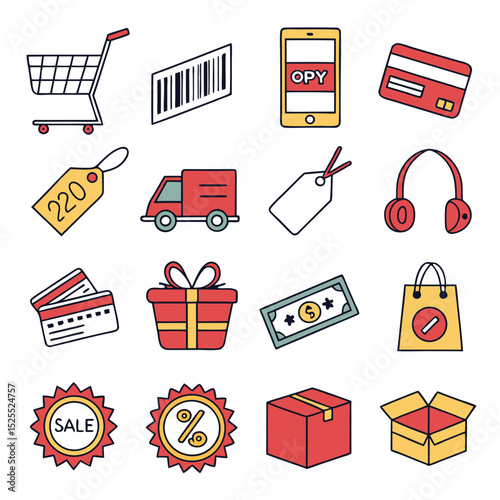 Set of hand drawn e commerce icons with shopping cart barcode card tag and more