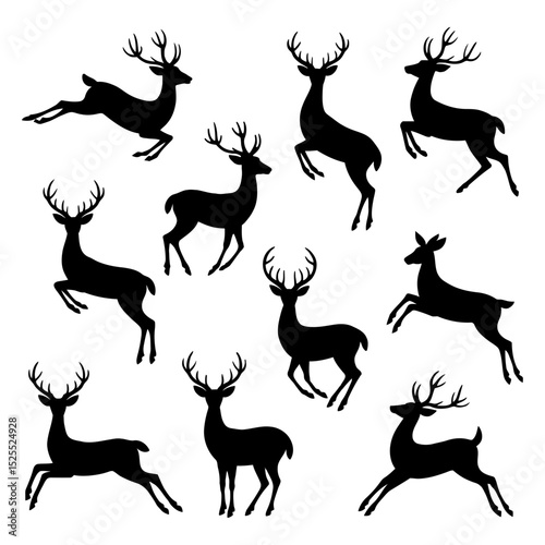 Silhouette illustration showing a collection of deer in various poses on a white background