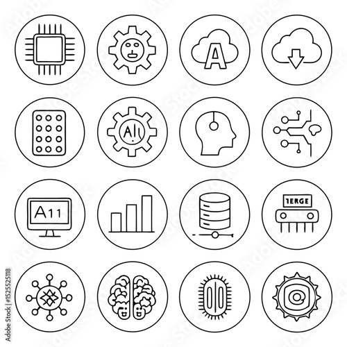 Modern artificial intelligence technology and data science icon set in a circle