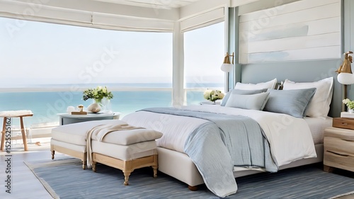 Coastal-modern bedroom with skyline views luxury interior design