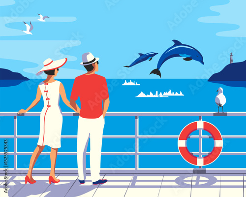 Couple in sea trip vacation enjoy dolphins jumps. Man, woman on cruise liner vessel watch playful dolphins illustration. Blue ocean scenic view background. Holiday summer season travel vector poster